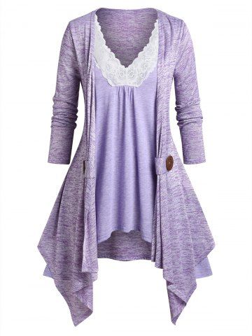 Plus Size Asymmetric Open Front Cardigan and Lace Panel Tank Top - LIGHT PURPLE - 5X