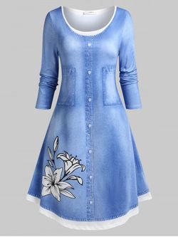 Plus Size Floral 3D Denim Print Knee Length Dress - LIGHT BLUE - 1X