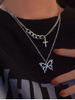 Hollow Butterfly Cross Charm Double Layers Necklace -  