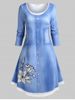 Robe Longueur à Genou à Imprimé 3D Denim Florale de Grande Taille - Bleu Léger  4X