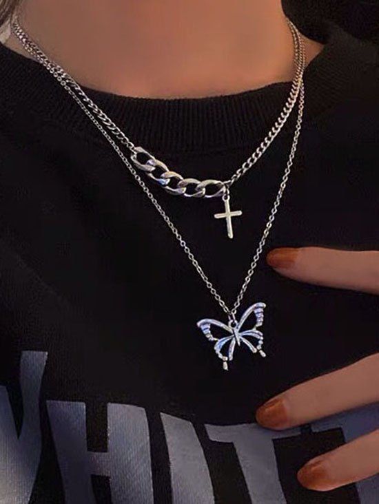 Unique Hollow Butterfly Cross Charm Double Layers Necklace  