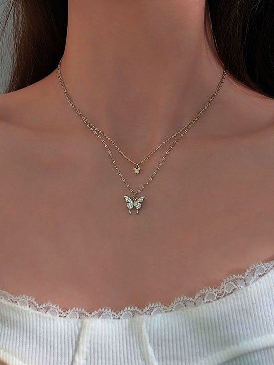 Fancy Butterfly Diamante Charm Double Layered Necklace  