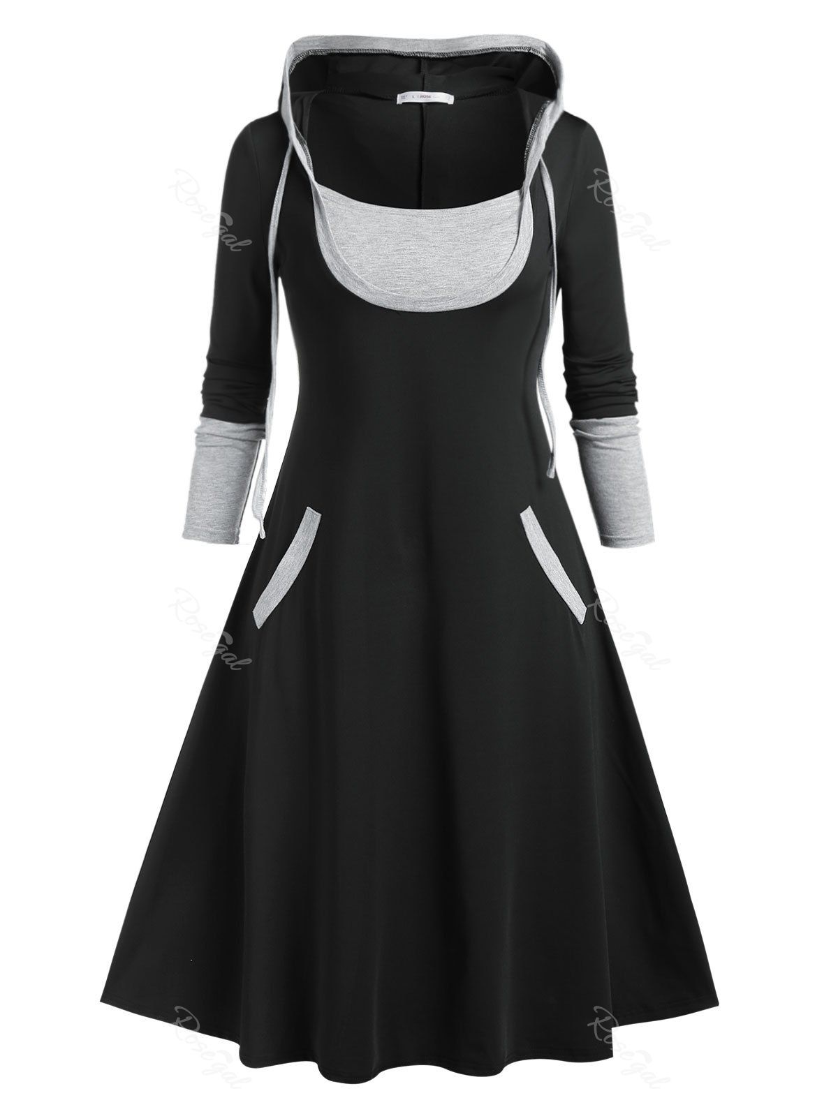 Best Plus Size Hooded Contrast Color A Line Dress  