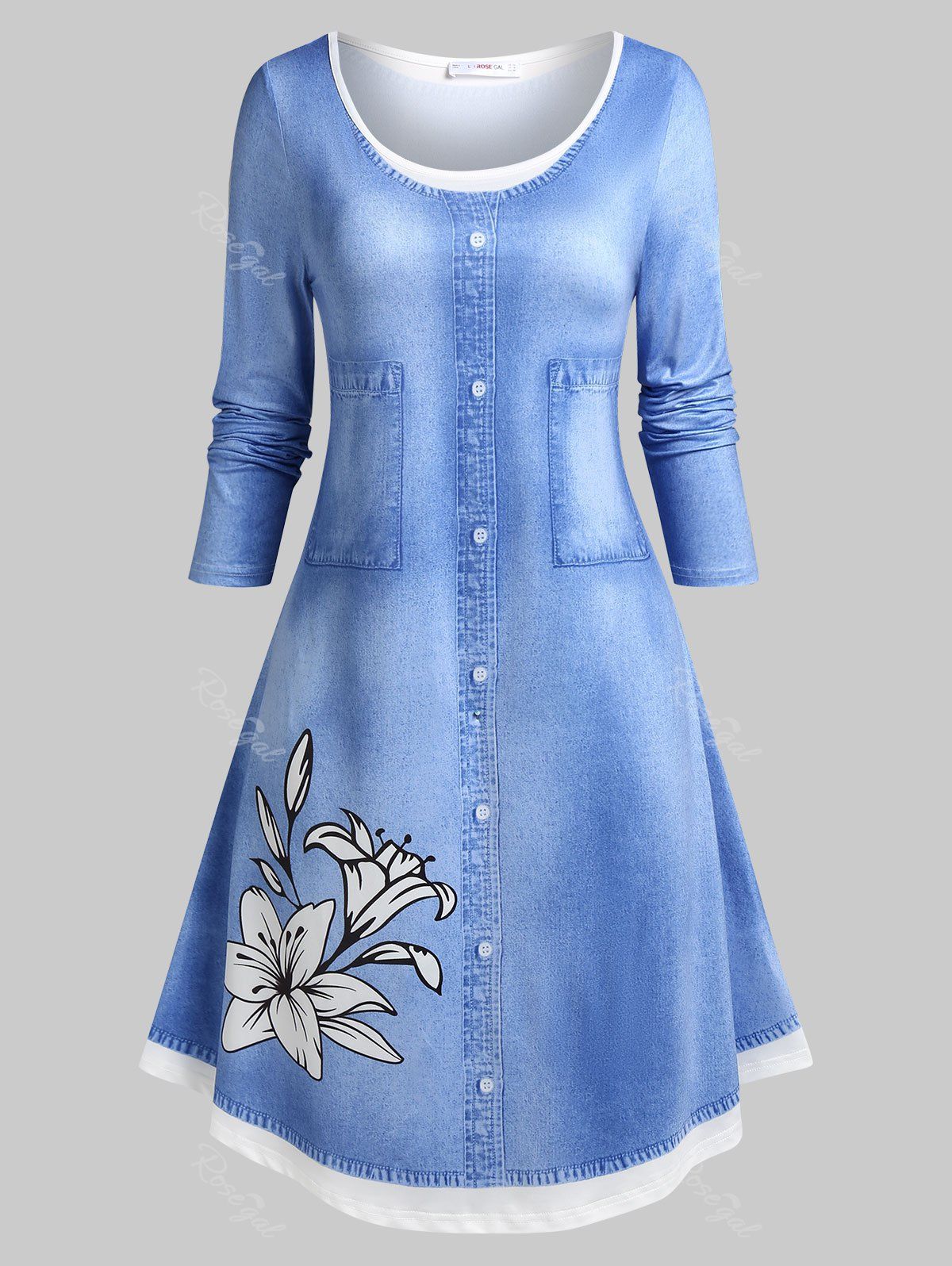 Robe Longueur à Genou à Imprimé 3D Denim Florale de Grande Taille Bleu Léger  2X