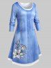 Robe Longueur à Genou à Imprimé 3D Denim Florale de Grande Taille - Bleu Léger  2X