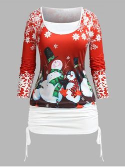 Plus Size Cinched Snowflake Snowman Print Christmas T-shirt - RED - 1X