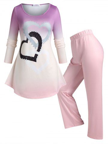 Plus Size Heart Print Ombre Color Pajamas Set - LIGHT PINK - 2X
