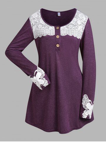 Plus Size Butterfly Lace Panel Henley T-shirt - CONCORD - 1X