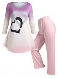 Plus Size Heart Print Ombre Color Pajamas Set -  
