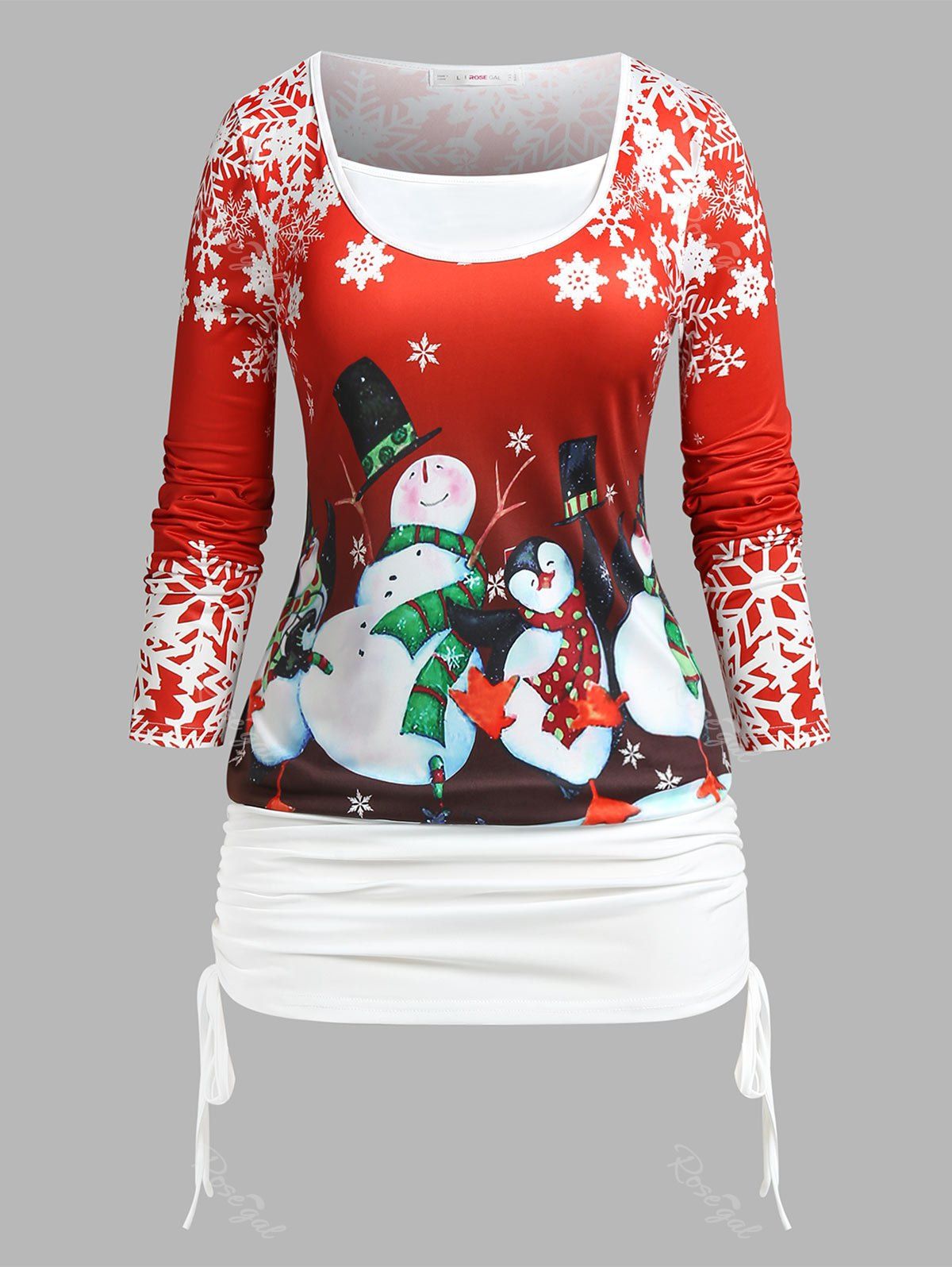 Sale Plus Size Cinched Snowflake Snowman Print Christmas T-shirt  