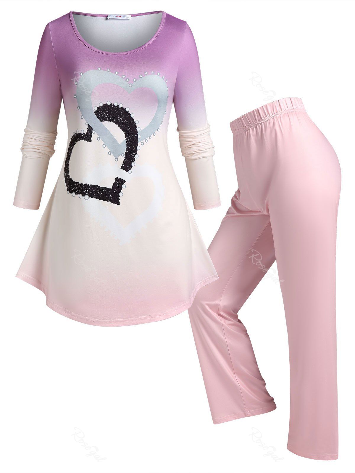 Outfits Plus Size Heart Print Ombre Color Pajamas Set  