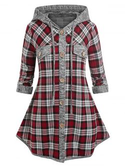Plus Size Plaid Print Hooded Roll Sleeve Blouse - DEEP RED - L