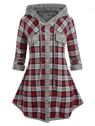 Plus Size Plaid Print Hooded Roll Sleeve Blouse