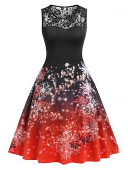 Plus Size Snowflake Print Lace Insert Christmas Midi Dress - RED - L
