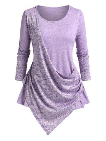 Plus Size Draped Ruched Space Dye Asymmetric T-shirt - LIGHT PURPLE - 4X