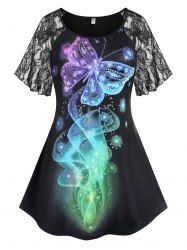 Plus Size Butterfly Print Lace Raglan Sleeve T-shirt -  
