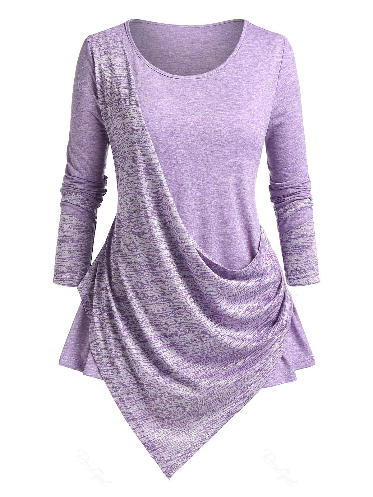 T-shirt Asymétrique Drapé Teinté Grande Taille à Volants Violet clair 3X