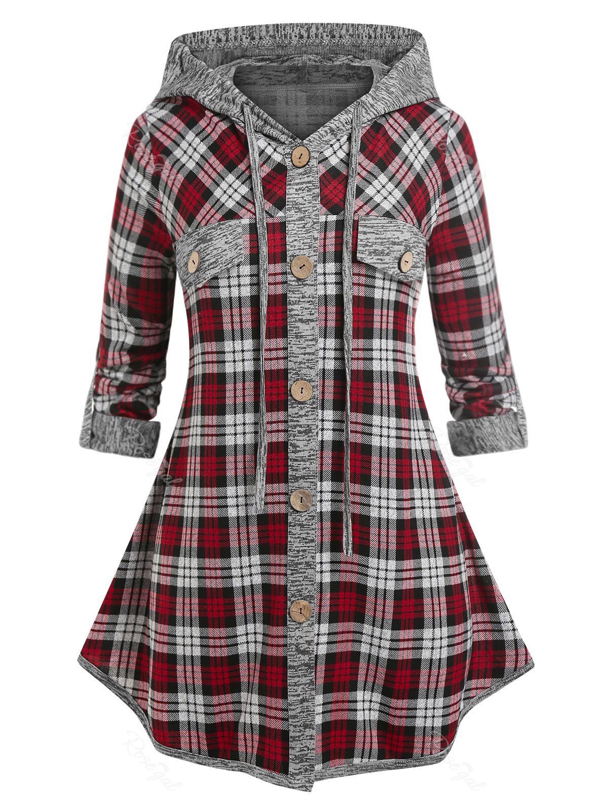 Hot Plus Size Plaid Print Hooded Roll Sleeve Blouse  