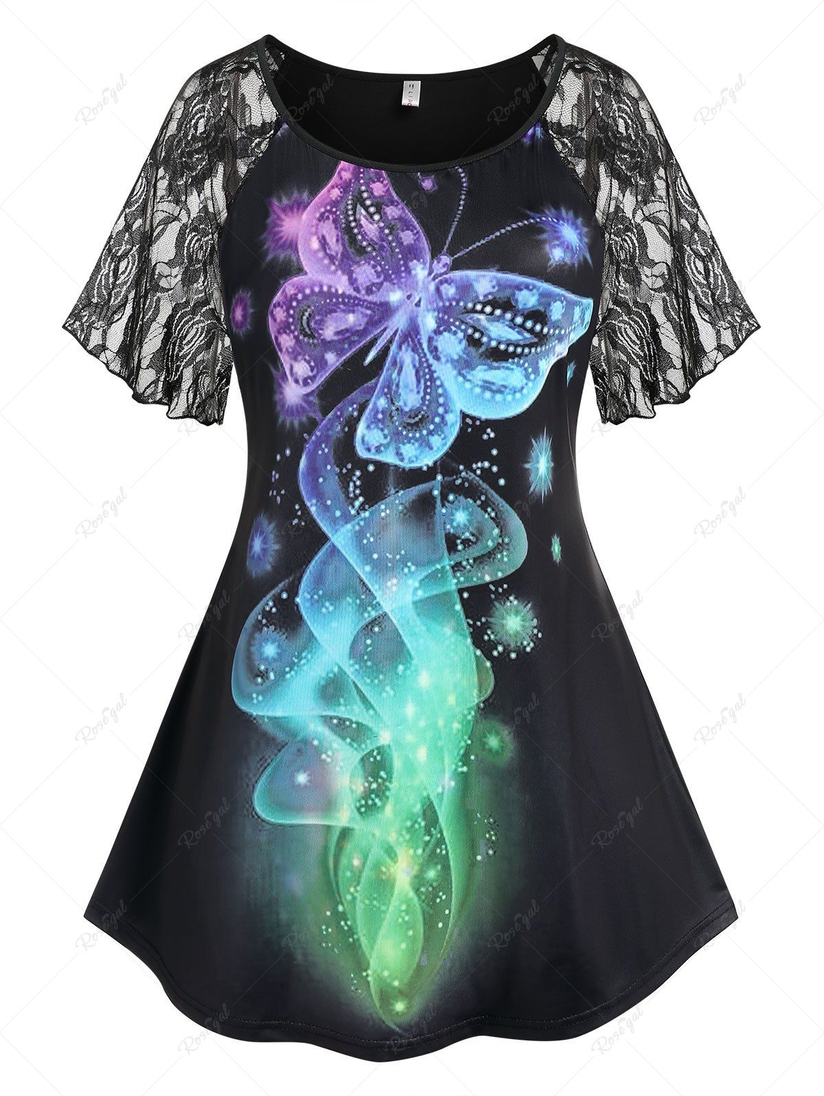 Chic Plus Size Butterfly Print Lace Raglan Sleeve T-shirt  