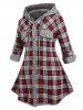 Plus Size Plaid Print Hooded Roll Sleeve Blouse -  