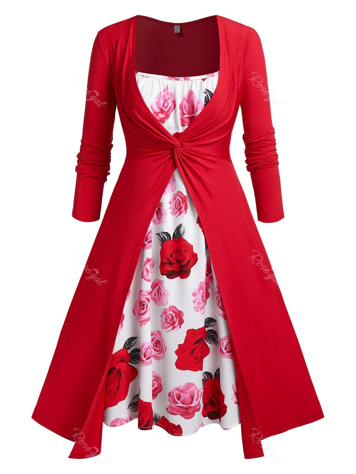 Unique Plus Size Front Twist Top and Rose Print Midi Dress Set  