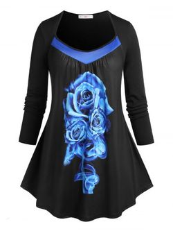 Plus Size Rose Print Tunic Swing T-shirt - BLACK - 3X