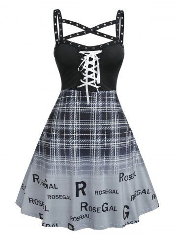 Gothic Grommets Lace Up Plaid Logo Print Fit and Flare Dress - BLACK - 2X