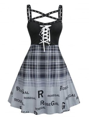 Plus Size Gothic Grommets Lace Up Plaid Logo Print Fit and Flare Dress