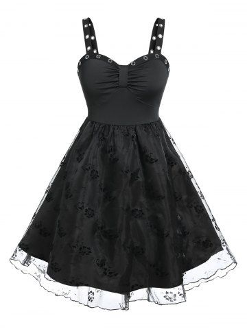 Robe Vintage Superposée d'Années 1950 à Œillets de Grande Taille en Organza - BLACK - 3X