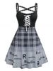 Plus Size Gothic Grommets Lace Up Plaid Logo Print Fit and Flare Dress -  