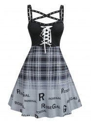 Gothic Grommets Lace Up Plaid Logo Print Fit and Flare Dress -  