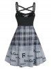 Gothic Grommets Lace Up Plaid Logo Print Fit and Flare Dress -  