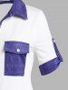 Plus Size Contrast Color Flap Pockets Roll Up Shirt -  