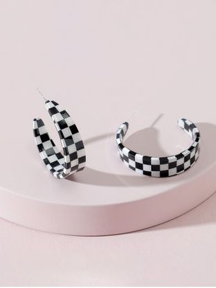 Two Tone Checkered Pattern C Shape Earrings