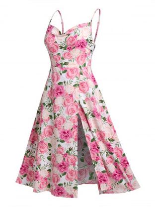 Plus Size & Curve Cottagecore High Slit Cowl Front  Floral Print Midi Dress
