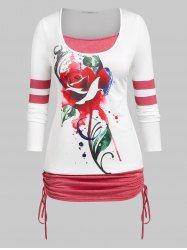 Plus Size Cinched Rose Print 2 in 1 Tee -  