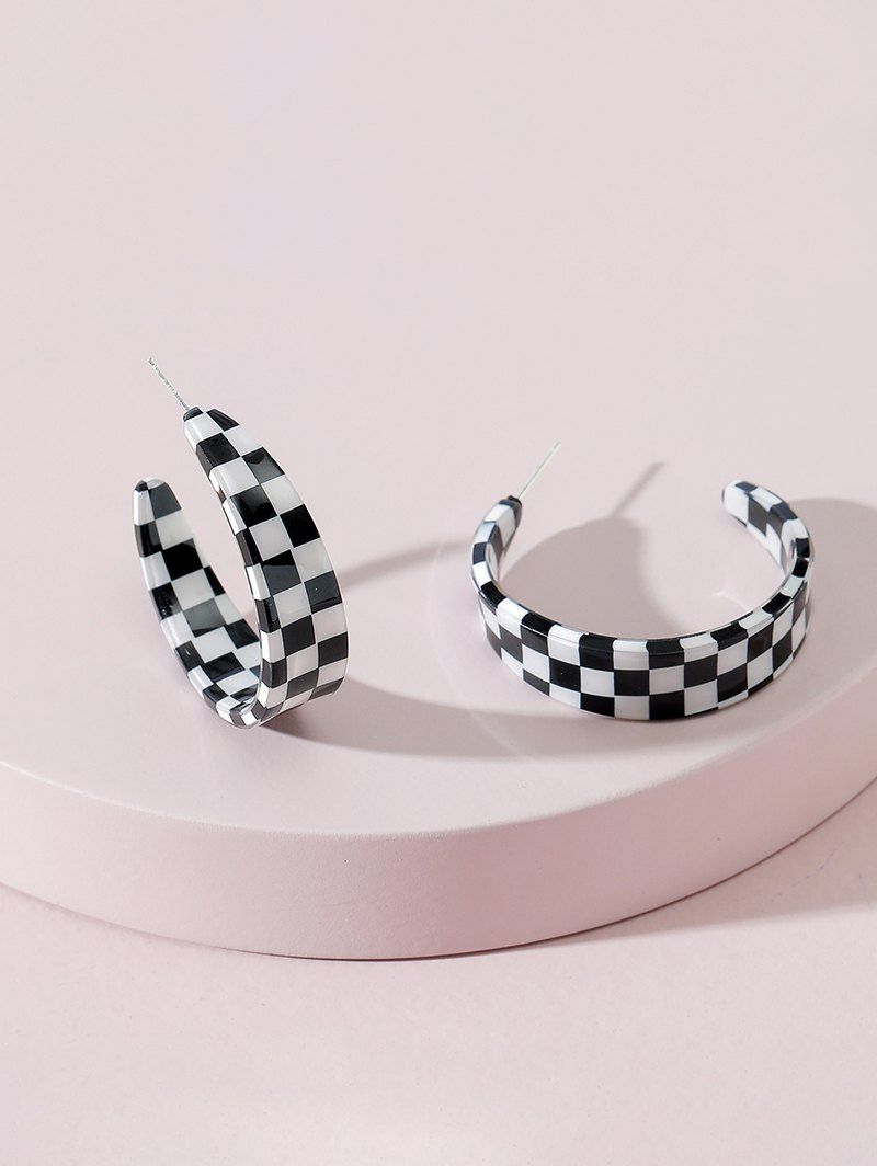 Sale Two Tone Checkered Pattern C Shape Earrings  