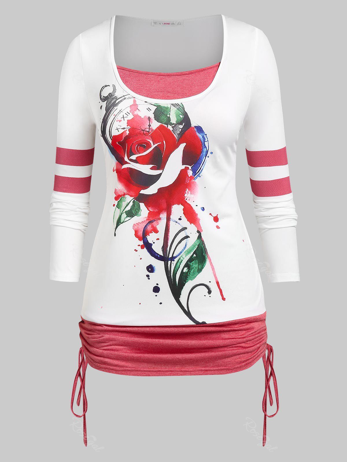 Cheap Plus Size Cinched Rose Print 2 in 1 Valentines Tee  