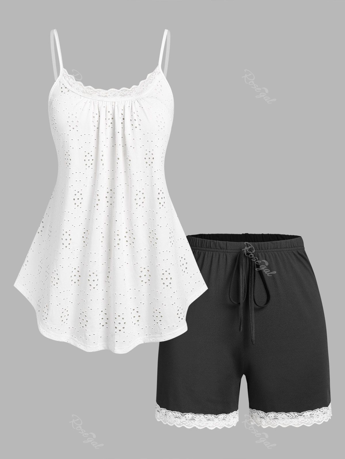 Shop Plus Size Broderie Anglaise Lace Insert Colorblock Pajama Shorts Set  