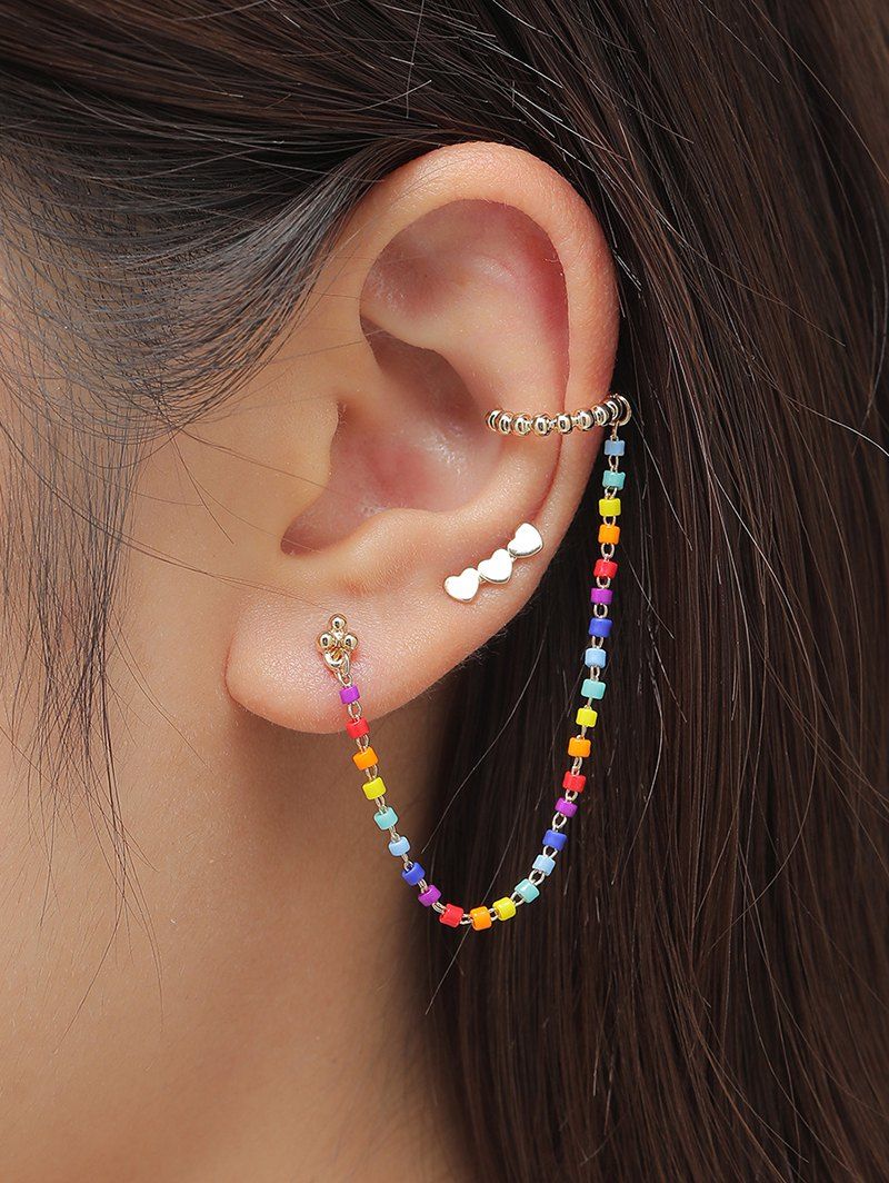 Online 2Pcs Rainbow Color Beads Chain Heart Earrings Set  
