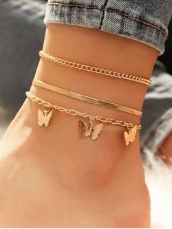 3 Pcs Butterfly Pendant Chain Anklet Set - GOLDEN