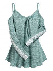 T-shirt Chiné à Epaule Ouverte Panneau en Dentelle de Grande Taille - Vert clair 5X