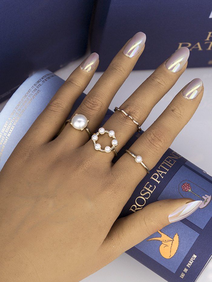 Outfits 4 Pcs Faux Pearl Joint Ring Set  