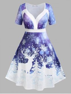 Plus Size Christmas Elk Snowflake Print Dress - BLUE - 5X