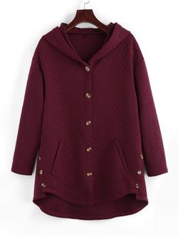 Plus Size Argyle Pattern Hooded Single Breasted Pocket Coat - RED WINE - L