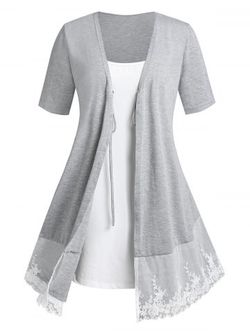 Plus Size Lace Panel Front Tie Faux Twinset Tee - LIGHT GRAY - 1X