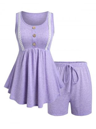 Plus Size Picot Trim Pajama Skirted Tank Top and Shorts Set