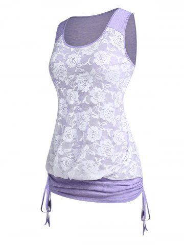 Plus Size & Curve Cinched Rose Lace Panel Tank Top - PURPLE - 2X