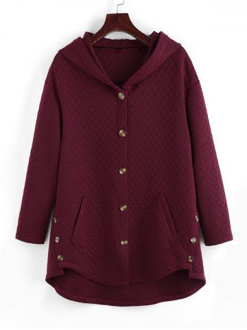 Plus Size Argyle Pattern Hooded Single Breasted Pocket Coat - RED WINE - 1X