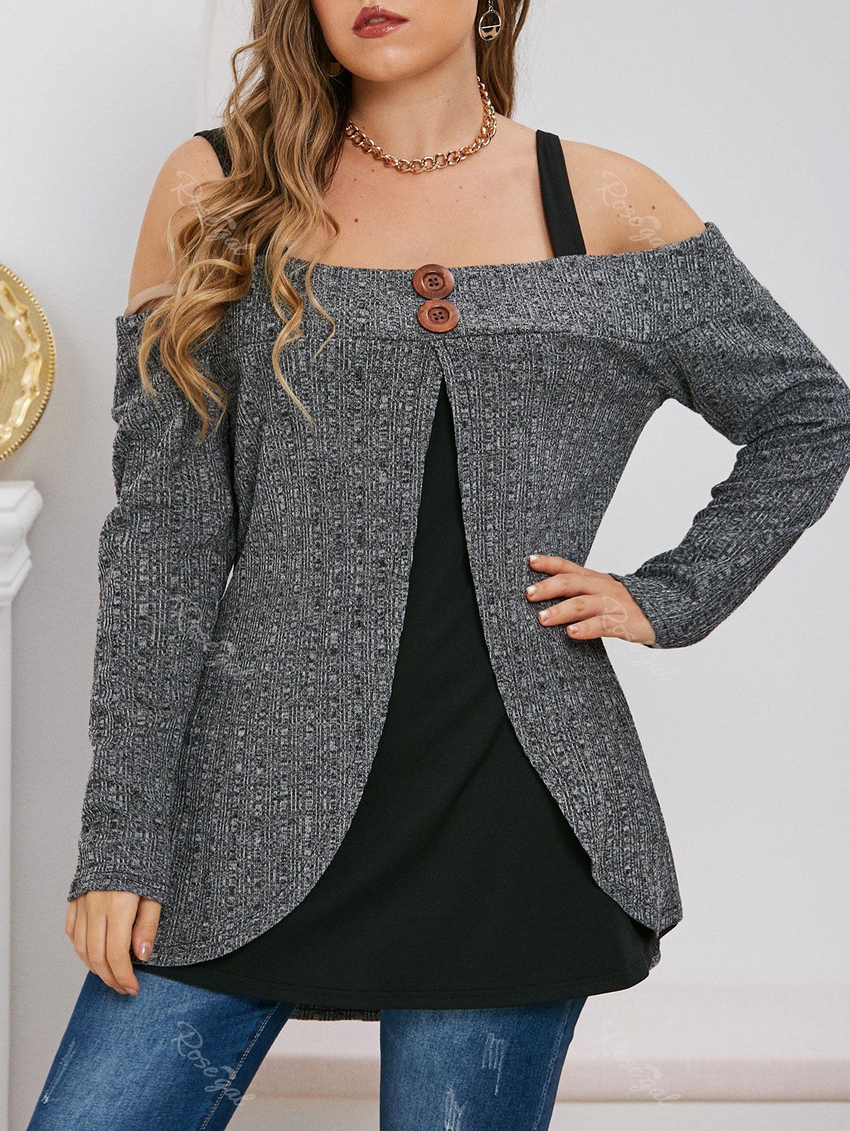 Discount Ribbed Heathered Buttons Cold Shoulder Plus Size Top  